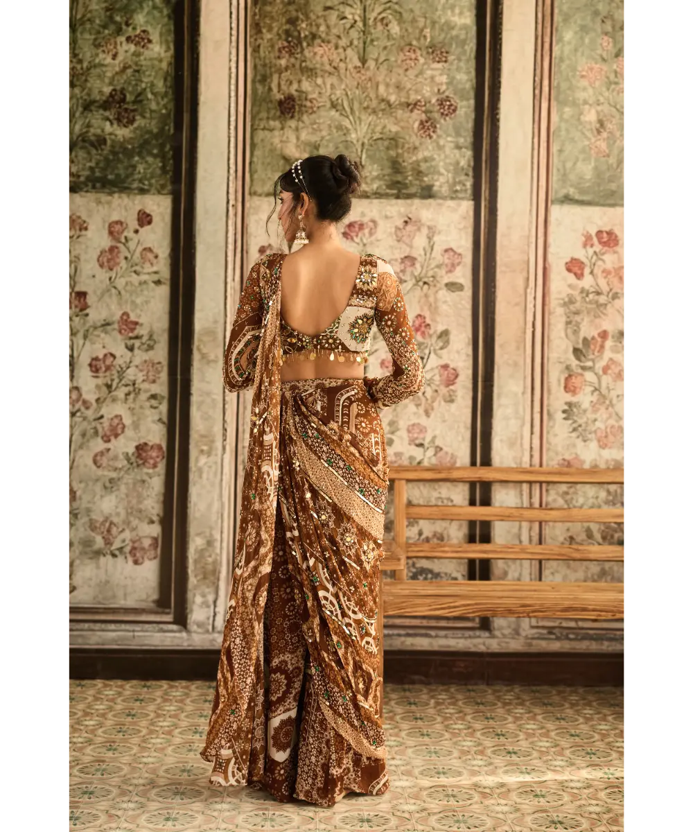 DIYARAJVVIR - Caramel Print and Highlighted Plunge Neck Blouse with Sharara Saree Set